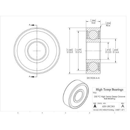 Picture of 12mm 6201 High Temperature 250 °C Sealed C5 Bearing