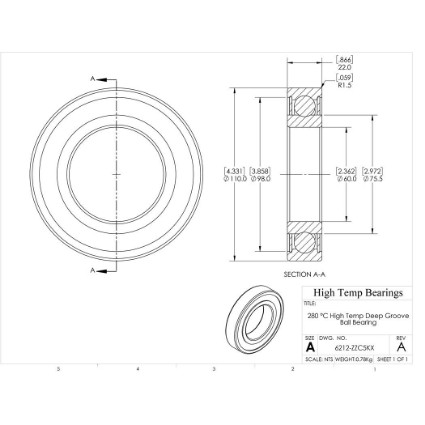 Picture of 60mm 6212 High Temperature 280 °C Shielded ZZ C5 Bearing
