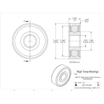 Picture of 12mm 6301 High Temperature 280 °C Shielded ZZ C5 Bearing