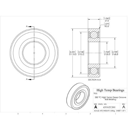 Picture of 50mm 6310 High Temperature 280 °C Shielded ZZ C5 Bearing