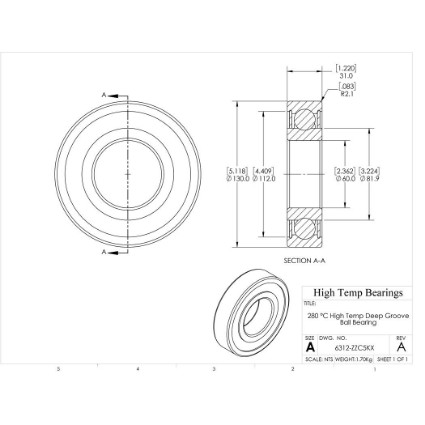 Picture of 60mm 6312 High Temperature 280 °C Shielded ZZ C5 Bearing