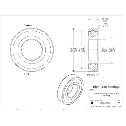 Picture of 70mm 6314 Deep Groove Ceramic SiC Sealed Bearing