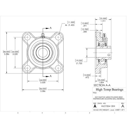 Picture of 3/4" High Temperature 500 °F Mounted 4 Bolt Flange Bearing