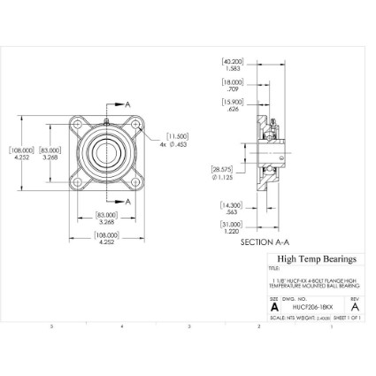 Picture of 1-1/8" High Temperature 500 °F Mounted 4 Bolt Flange Bearing
