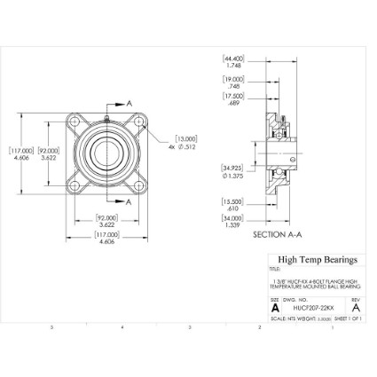 Picture of 1-3/8" High Temperature 500 °F Mounted 4 Bolt Flange Bearing