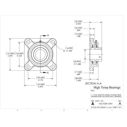 Picture of 1-11/16" High Temperature 500 °F Mounted 4 Bolt Flange Bearing