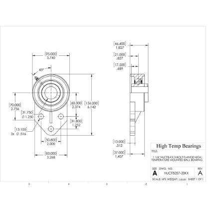 Picture of 1-1/4" 207 High Temperature 500 °F Mounted 3 Bolt Bracket Bearing