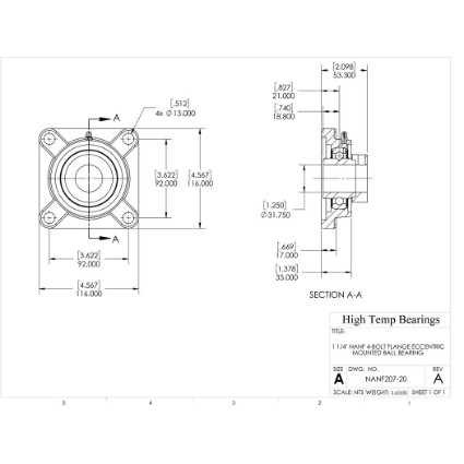 Picture of 1-1/4" 207 Eccentric Mounted 4 Bolt Flange Bearing