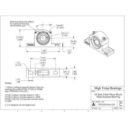 Picture of 25mm Split Pillow Block Mounted 750 °F Carbon Bearing