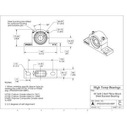Picture of 7/8" Split Pillow Block Mounted 500 °F PTFE Bearing