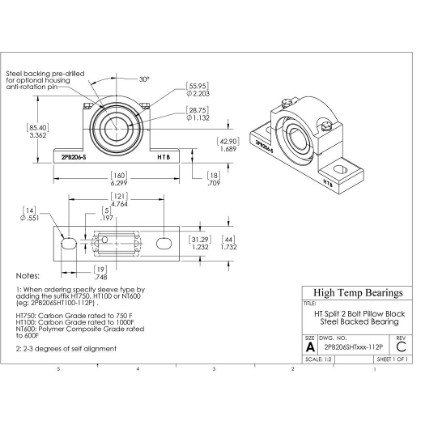 Picture of 1-1/8" Split Pillow Block Mounted 750 °F Carbon Bearing