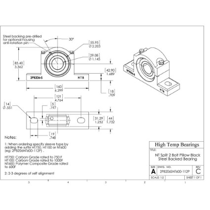 Picture of 1-1/8" Split Pillow Block Mounted 500 °F PTFE Bearing