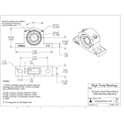 Picture of 1-3/16" Split Pillow Block Mounted 500 °F PTFE Bearing