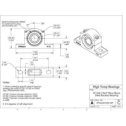 Picture of 30mm Split Pillow Block Mounted 500 °F PTFE Bearing