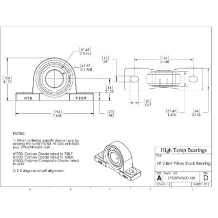 Picture of 1-11/16" 500 °F PTFE Pillow Block Bearing