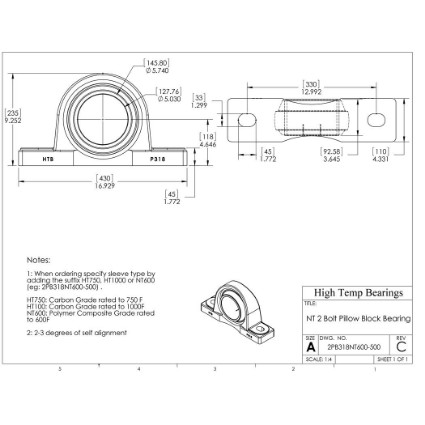 Picture of 5" 500 °F PTFE Pillow Block Bearing