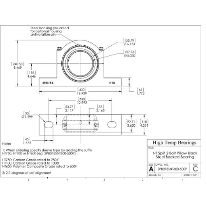 Picture of 5" Split Pillow Block Mounted 500 °F PTFE Bearing