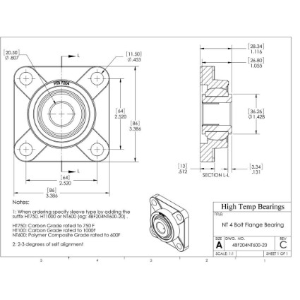 Picture of 20mm 500 °F PTFE 4 Bolt Flange Bearing