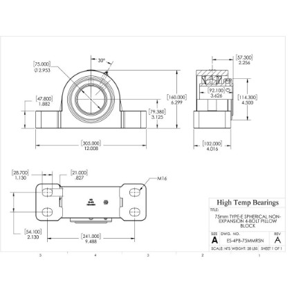 Picture of 75mm Type E Non Expansion 4 Bolt Pillow Block Heavy Duty Bearing