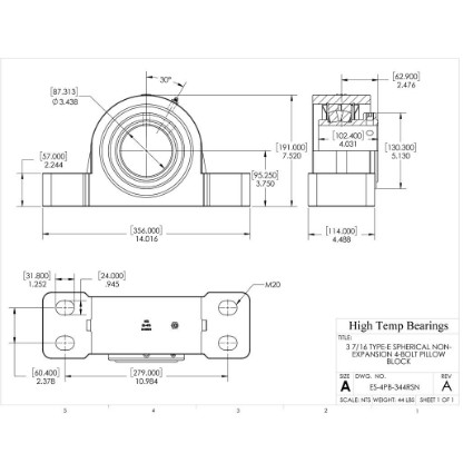 Picture of 3-7/16" Type E Non Expansion 4 Bolt Pillow Block Heavy Duty Bearing