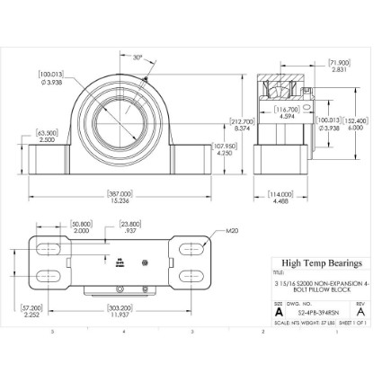 Picture of 3-15/16" S2000 Non Expansion 4 Bolt Pillow Block Heavy Duty Bearing