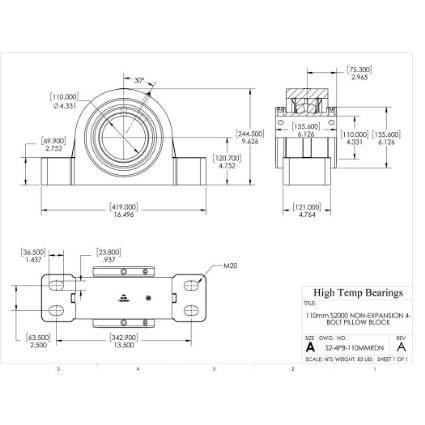 Picture of 110mm S2000 Double Locking Non-Expansion 4 Bolt Pillow Block Heavy Duty Bearing