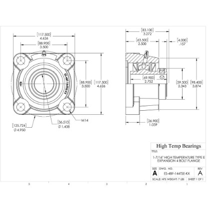Picture of 1-7/16" High Temperature Type E Expansion 4 Bolt Flange Heavy Duty Bearing
