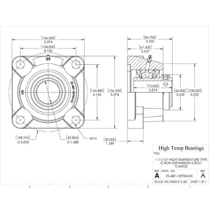 Picture of 1-11/16" High Temperature Type E Non Expansion 4 Bolt Flange Heavy Duty Bearing