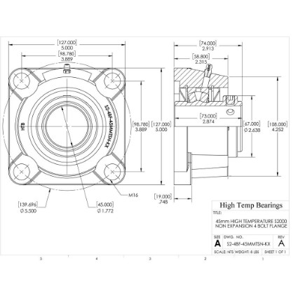 Picture of 45mm High Temperature S2000 Non Expansion 4 Bolt Flange Heavy Duty Bearing