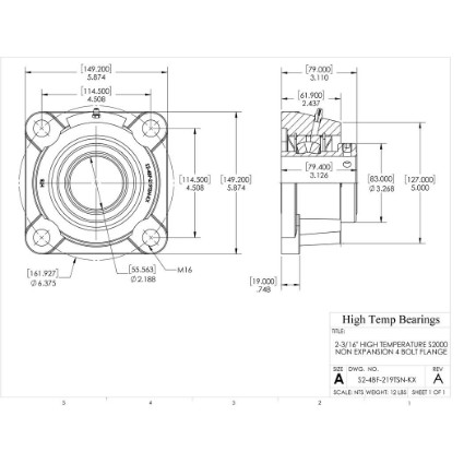 Picture of 2-3/16" High Temperature S2000 Non Expansion 4 Bolt Flange Heavy Duty Bearing