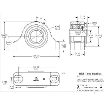 Picture of 60mm High Temperature S2000 Expansion 2 Bolt Pillow Block Heavy Duty Bearing