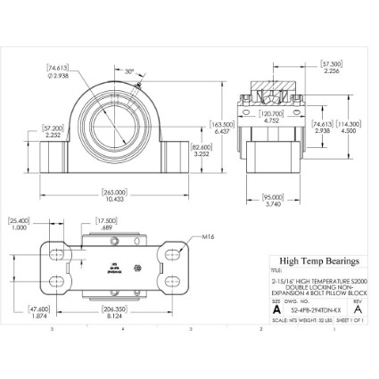 Picture of 2-15/16" High Temperature S2000 Double Locking Non-Expansion 4 Bolt Pillow Block Heavy Duty Bearing