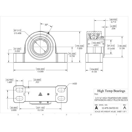 Picture of 3-7/16" High Temperature S2000 Expansion 4 Bolt Pillow Block Heavy Duty Bearing