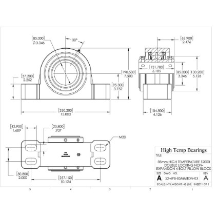 Picture of 85mm High Temperature S2000 Double Locking Non-Expansion 4 Bolt Pillow Block Heavy Duty Bearing