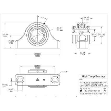 Picture of 3-7/16" High Temperature S2000 Double Locking Non-Expansion 2 Bolt Pillow Block Heavy Duty Bearing