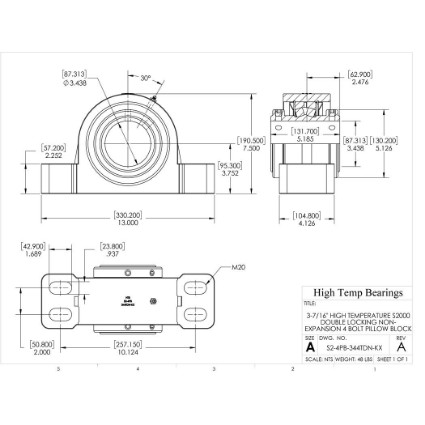 Picture of 3-7/16" High Temperature S2000 Double Locking Non-Expansion 4 Bolt Pillow Block Heavy Duty Bearing