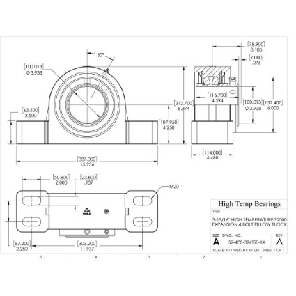 Picture of 3-15/16" High Temperature S2000 Expansion 4 Bolt Pillow Block Heavy Duty Bearing