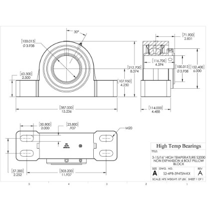 Picture of 3-15/16" High Temperature S2000 Non Expansion 4 Bolt Pillow Block Heavy Duty Bearing
