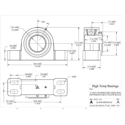 Picture of 4" High Temperature S2000 Non Expansion 4 Bolt Pillow Block Heavy Duty Bearing