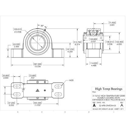 Picture of 3-15/16" High Temperature S2000 Double Locking Non-Expansion 4 Bolt Pillow Block Heavy Duty Bearing