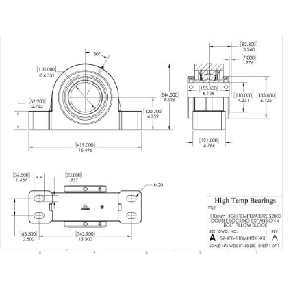 Picture of 110mm High Temperature S2000 Double Locking Expansion 4 Bolt Pillow Block Heavy Duty Bearing
