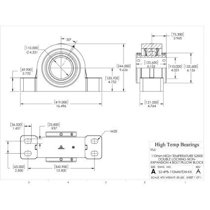 Picture of 110mm High Temperature S2000 Double Locking Non-Expansion 4 Bolt Pillow Block Heavy Duty Bearing