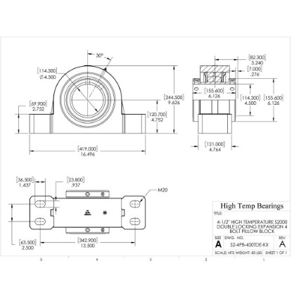 Picture of 4-1/2" High Temperature S2000 Double Locking Expansion 4 Bolt Pillow Block Heavy Duty Bearing