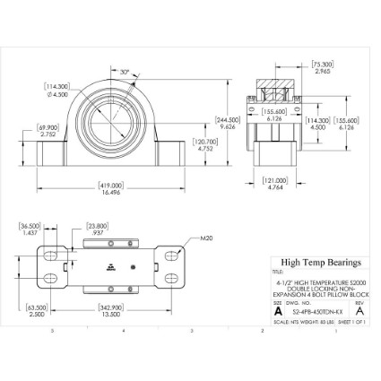 Picture of 4-1/2" High Temperature S2000 Double Locking Non-Expansion 4 Bolt Pillow Block Heavy Duty Bearing