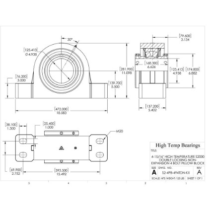 Picture of 4-15/16" High Temperature S2000 Double Locking Non-Expansion 4 Bolt Pillow Block Heavy Duty Bearing