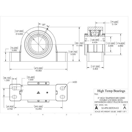 Picture of 5" High Temperature S2000 Double Locking Non-Expansion 4 Bolt Pillow Block Heavy Duty Bearing