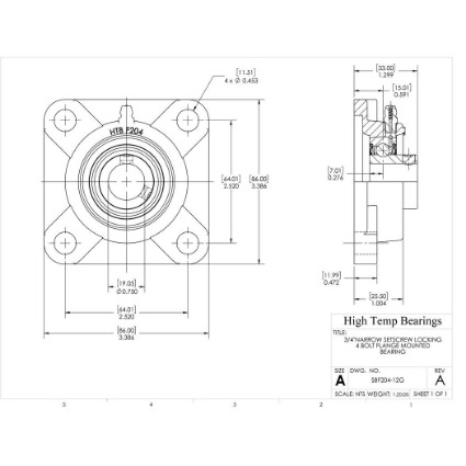 Picture of 3/4"Narrow Setscrew Locking 4 Bolt Flange Mounted Bearing