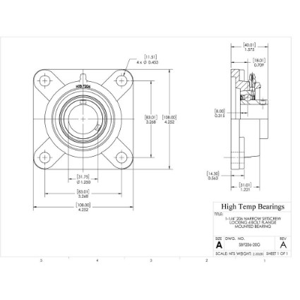 Picture of 1-1/4" 206 Narrow Setscrew Locking 4 Bolt Flange Mounted Bearing