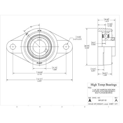 Picture of 1-1/4" 207 Narrow Setscrew Locking Non-Greaseable 2 Bolt Flange Bearing