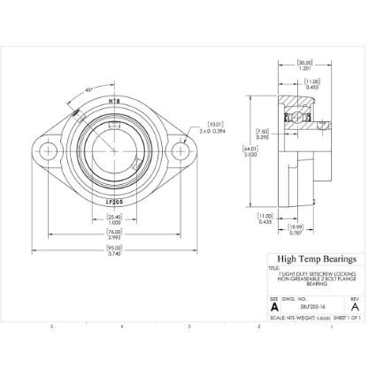 Picture of 1"Light Duty Setscrew Locking Non-Greaseable 2 Bolt Flange Bearing